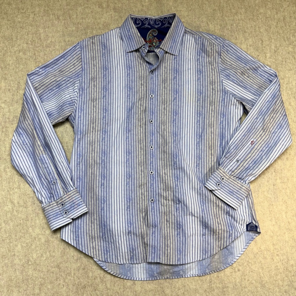Robert Graham Button Down Mens Large Blue Striped Floral Jacquard Classic Fit
